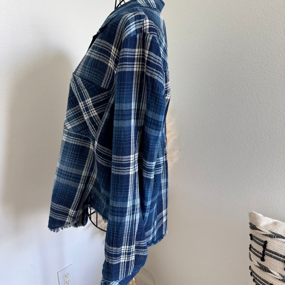 Bella Dahl Blue Western Plaid Frayed Hem Button-Down Top Size Small - Picture 4 of 10